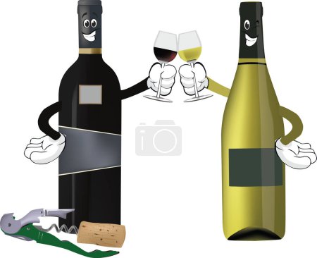 Ilustración de Algunas botellas de vino con copas de dibujos animados en ellos y un abridor de corcho y clochet - Imagen libre de derechos
