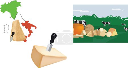 Illustration for Parmigiano Reggiano Italian cheese with mountain landscape - Royalty Free Image