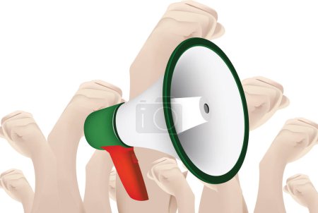 Illustration for Demonstration with raised fists and loudspeaker - Royalty Free Image