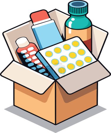 Téléchargez les illustrations : Boîte en carton avec divers médicaments - en licence libre de droit