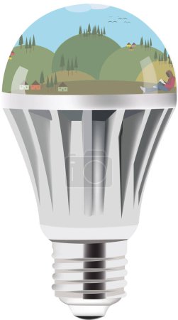 Illustration of an led lightbulb encapsulating a green landscape, symbolizing sustainable energy