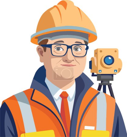 Illustration for Vector illustration of a male surveyor in safety gear with a theodolite - Royalty Free Image