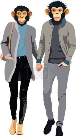 Illustration for Illustrated couple with cartoon chimpanzee heads holding hands, dressed in modern clothes - Royalty Free Image