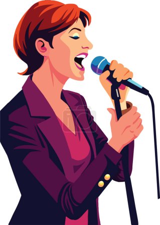 Colorful illustration of a talented female vocalist performing live on stage with a microphone, showcasing her passion and enthusiasm for singing in the music industry, in a vector art concert
