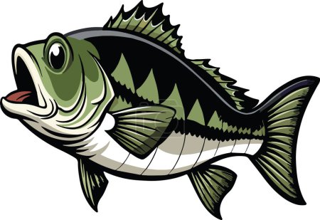 Detailed vector illustration of freshwater bass fish with green scales, perfect for fishing and wildlife enthusiasts, showcasing the beauty of nature and aquatic species