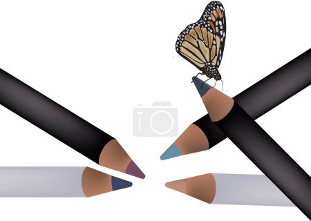 Illustration for Realistic monarch butterfly perches delicately on a set of colored pencil tips - Royalty Free Image