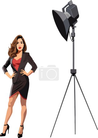 Vector illustration of a stylish businesswoman confidently posing beside a studio light