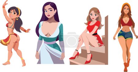 Kollektion von vier stilisierten Cartoon-Frauen mit einzigartigen Modestilen, ausbalanciert und selbstbewusst