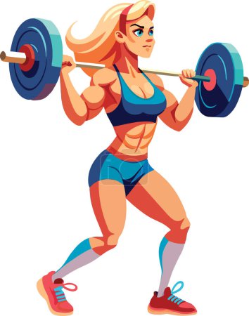 Strong woman in sportswear lifting a barbell, fitness illustration