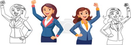 female characters in work clothes with fists raised to signify victory-