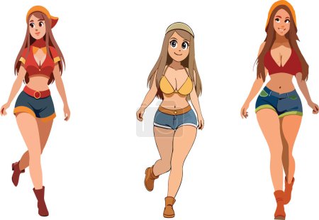 Set von drei verschiedenen Cartoon-Frauenfiguren in lässiger Kleidung, die mit Zuversicht gehen
