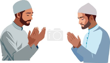 Vector illustration of two muslim men in traditional attire performing dua with hands raised