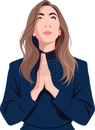 Téléchargez les illustrations : Illustration d'une jeune femme dispendieuse vêtue d'un haut bleu les mains jointes dans un geste plein d'espoir - en licence libre de droit