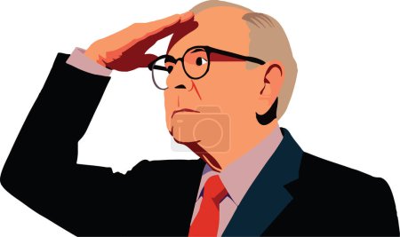 Illustration for Elderly businessman in thoughtful pose with hand on forehead. Wearing glasses and suit. Contemplating and making a reflective decision. Showing foresight and anticipation - Royalty Free Image