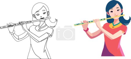 Illustration for Dual image of a woman playing the flute, with one in vibrant color and one as a line drawing - Royalty Free Image