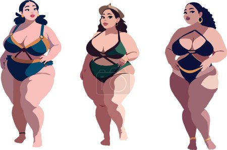 Vector illustration of three confident plus-size women posing in stylish swimwear