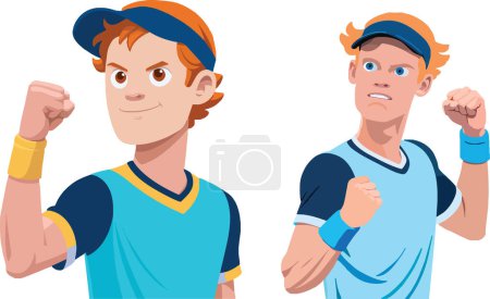 Téléchargez les illustrations : Deux joueurs de tennis animés montrant des poings dans un geste de triomphe, exprimant leur esprit gagnant - en licence libre de droit