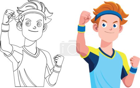 Téléchargez les illustrations : Deux joueurs de tennis animés montrant des poings dans un geste de triomphe, exprimant leur esprit gagnant - en licence libre de droit