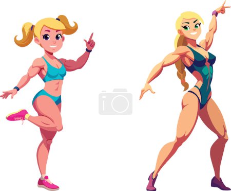 Téléchargez les illustrations : Duo de fitness animé de personnages féminins confiants et énergiques en tenue sportive. Des poses dynamiques et vibrantes saisissantes dans une illustration. Présentation de la force et des muscles dans des couleurs sportives et vibrantes - en licence libre de droit