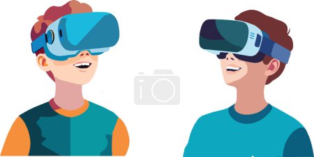 Téléchargez les illustrations : Deux adolescents immergés dans un monde numérique avec des casques vr - en licence libre de droit