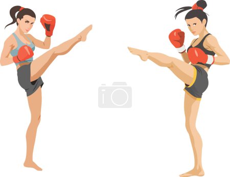 Illustration for Illustration of two female kickboxers in dynamic kickboxing stances ready for combat - Royalty Free Image