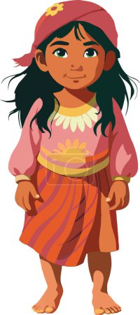 Cheerful animated island girl wearing a colorful traditional dress with a flower in her hair