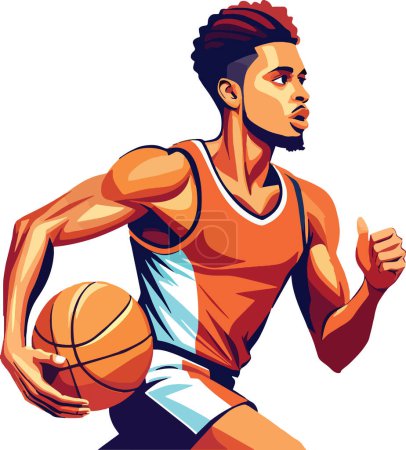Téléchargez les illustrations : Illustration vibrante d'un joueur de basket dribble avec intensité pendant un match - en licence libre de droit