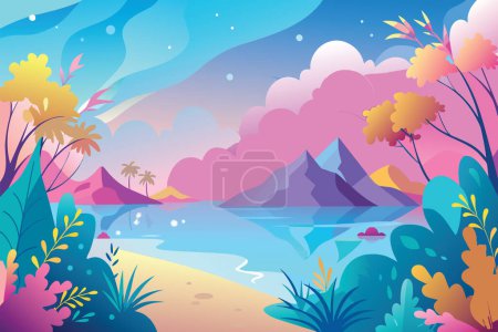 Beautiful and tranquil tropical sunset vector illustration with colorful sky, mountain silhouette, palm trees, and tranquil beach overlooking calm waters, creating a serene and peaceful environment