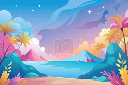 Colorida obra de arte vectorial de una puesta de sol con montañas, palmeras y una playa tranquila