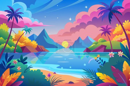 Illustration for Sunset with mountains, palm trees, and a quiet beach- - Royalty Free Image