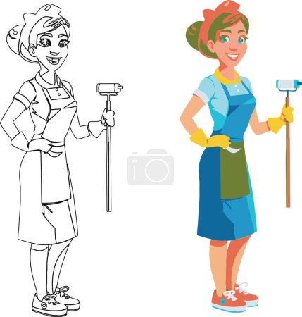 Vector illustration of two smiling cartoon women in maid outfits holding cleaning supplies