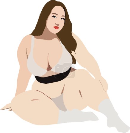 Téléchargez les illustrations : Femme dodue à la peau claire en maillot de bain assis avec les jambes croisées - en licence libre de droit
