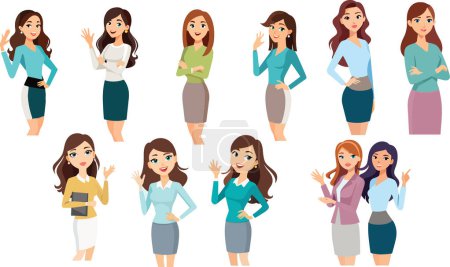 Collection of diverse businesswomen characters smiling and posing, suitable for professional presentations