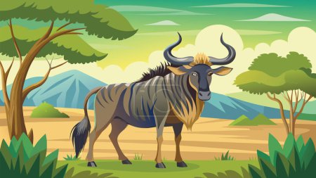 African herbivorous wildebeest in pasture-