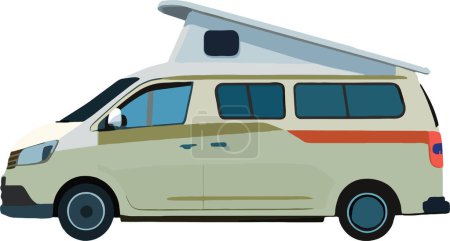 Illustration of a campervan with a beautiful mountain landscape backdrop