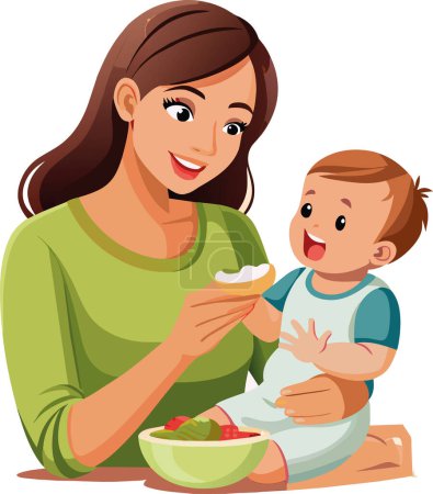 Illustration of a smiling mother giving food to her excited baby with a spoon