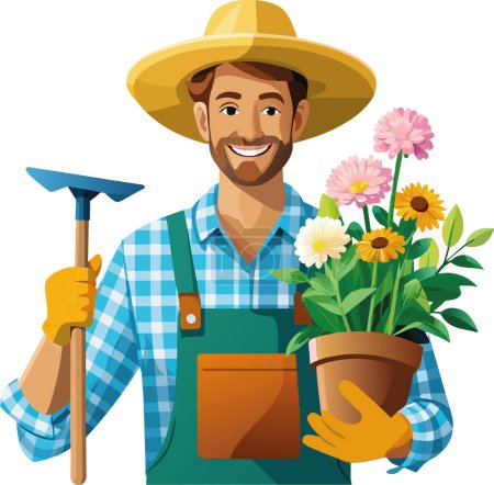 Illustration for Gardener with shovel and flower pot in hand - Royalty Free Image