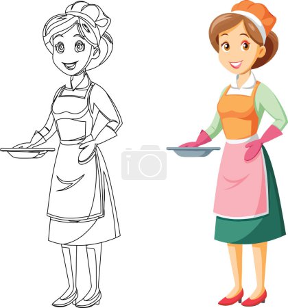 Cheerful cartoon housemaids with trays
