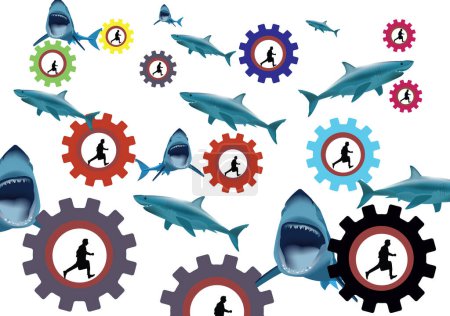 Konzeptionelle Illustration von Geschäftsleuten, die in Zahnrädern laufen, die von Haien gejagt werden, die den harten wirtschaftlichen Wettbewerb repräsentieren