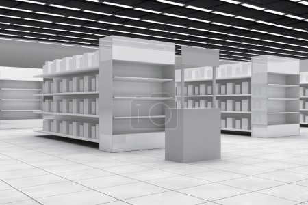 supermercado pasillo con góndola y soporte de promoción con estante. 3d representación de imágenes ilustración
