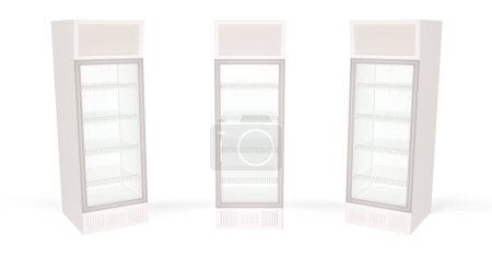 Photo for Three empty showcase refrigerators with one glass door inside of the grocery shop or supermarket isolated on a white background. 3d rendering illustration - Royalty Free Image