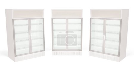 Photo for Three empty showcase refrigerators with two glass doors inside of the the grocery shop or supermarket isolated on white background. 3d rendering illustration - Royalty Free Image