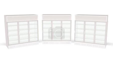 Photo for Three empty showcase refrigerators with three glass doors inside of the grocery shop or supermarket isolated on white background. 3d rendering illustration - Royalty Free Image