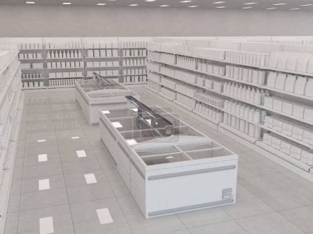 un pasillo de supermercado con estantes llenos de envases de productos y congeladores en el centro del pasillo desprovisto de productos congelados, creando un contraste entre el potencial y el vacío. vista de perspectiva. Ilustración de representación 3d