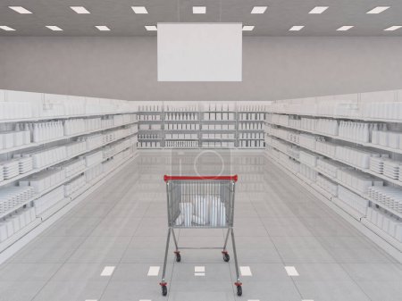Téléchargez les photos : Panier rouge plein d'épicerie assis dans une allée avec des étagères pleines de produits dans un magasin de couloir de supermarché avec une bannière vierge accrochée au plafond. Illustration de rendu 3d - en image libre de droit