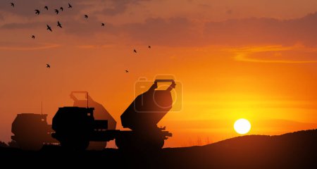 Photo for Artillery rocket system are aimed to the sky at sunset. Multiple launch rocket system. 3d-rendering. - Royalty Free Image