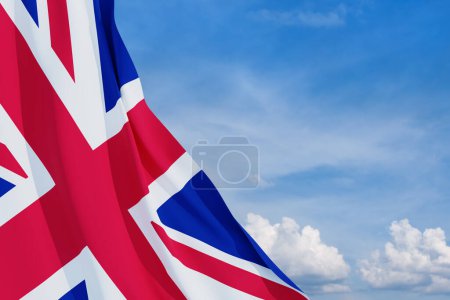 Téléchargez les photos : National flags of United Kingdom on blue sky background. Background with place for your text. 3d rendering. - en image libre de droit