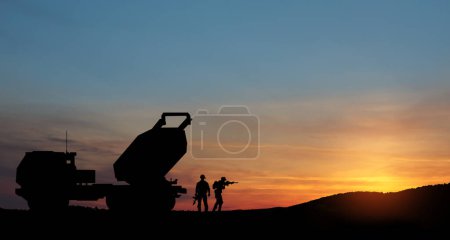 Photo for Artillery rocket system are aimed to the sky and soldiers at sunset. Multiple launch rocket system. 3d-rendering. - Royalty Free Image