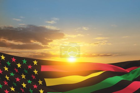 Foto de Alternative Juneteenth Flag with sunrise or sunset. Since 1865. Design of Banner with place for text. 3d-rendering. - Imagen libre de derechos