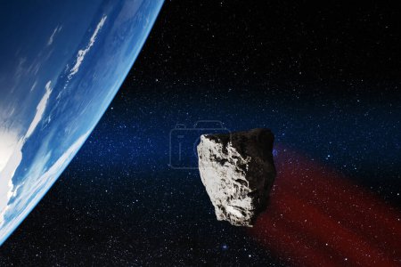 Téléchargez les photos : Planet Earth and big asteroid in the space. Potentially hazardous asteroids. Asteroid in outer space near Earth planet. Elements of this image furnished by NASA. - en image libre de droit